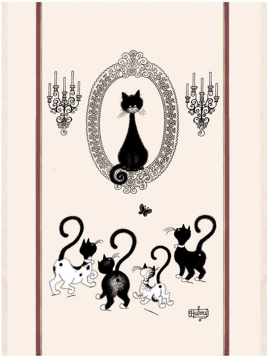 grande strofinaccio dubout portrait de chat ecru, colore ecru, taglia 60 x 80. strofinaccio piegato su fondo neutro per mostrare texture e finiture