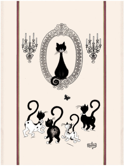 grande strofinaccio dubout portrait de chat ecru, colore ecru, taglia 60 x 80. strofinaccio piegato su fondo neutro per mostrare texture e finiture