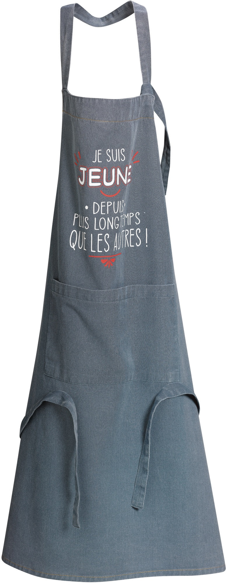 grembiule da cucina je suis jeune jeans, colore jeans, taglia 72 x 90. grembiule  su sfondo neutro per una visione chiara del prodotto