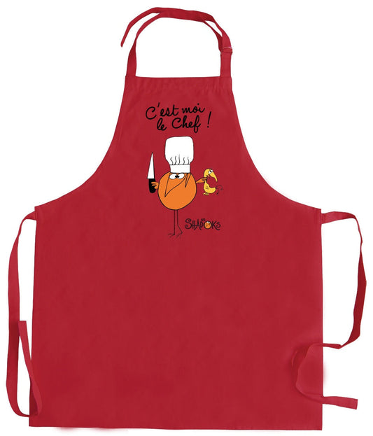 grembiule da cucina riciclato shadoks c'est moi le chef rosso, colore rosso, taglia 72 x 90. realizzato in 80% cotone riciclato 20% poliestere, resistente e comodo per l’uso quotidiano in cucina
