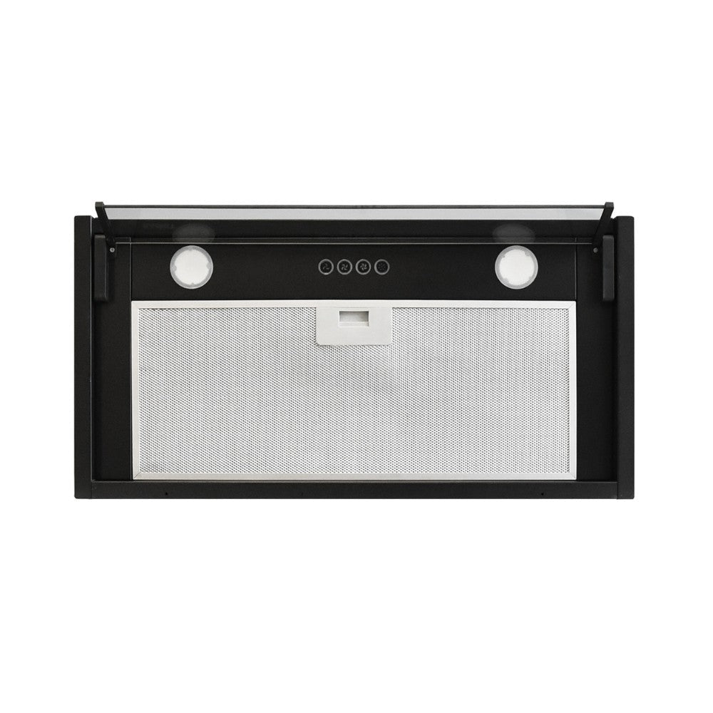 cappa integrata sottopensile samet kripto60 luce led 3 livelli velocità nero classe d, dettaglio di guide, supporti e sistemi scorrevoli