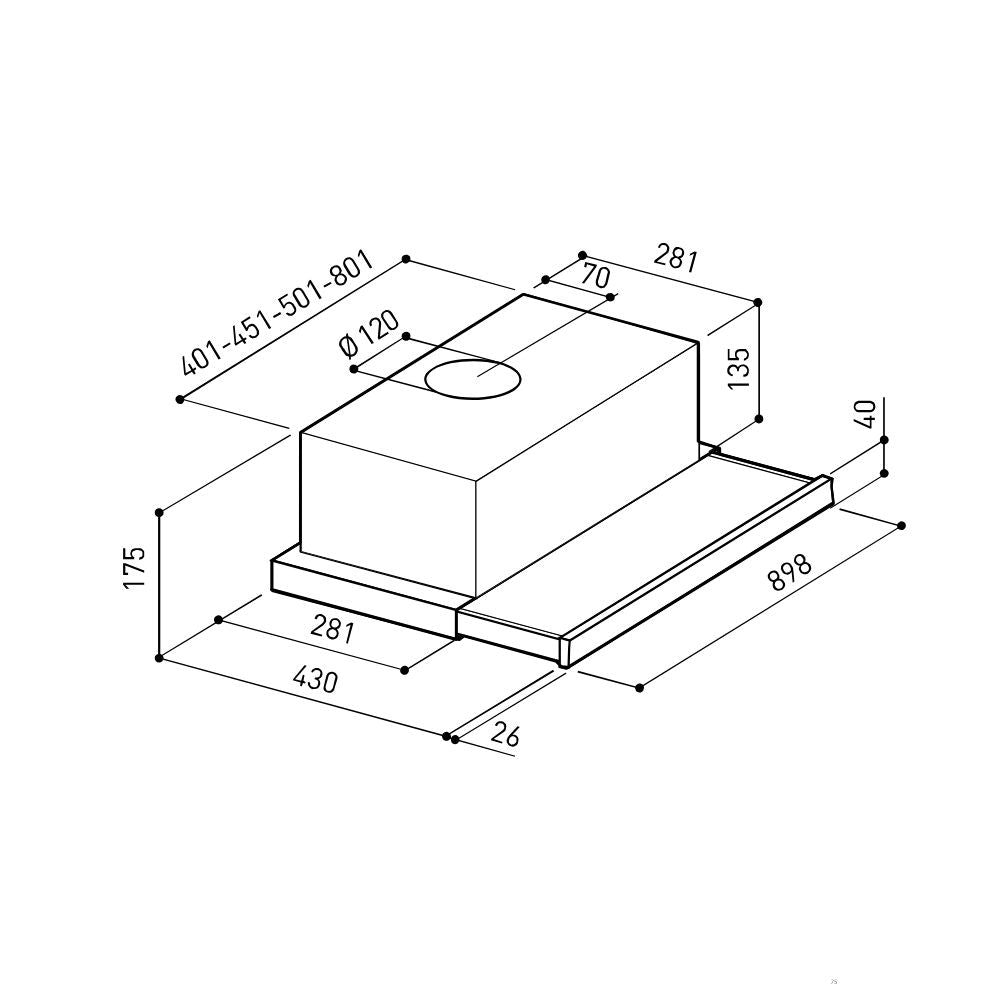 cappa integrata sottopensile tecnowind slim 90 luce a led 3 livelli velocità verniciata grigio con frontalino inox, dettaglio di guide, supporti e sistemi scorrevoli