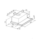 cappa integrata sottopensile tecnowind slim 90 luce a led 3 livelli velocità verniciata grigio con frontalino inox, dettaglio di guide, supporti e sistemi scorrevoli