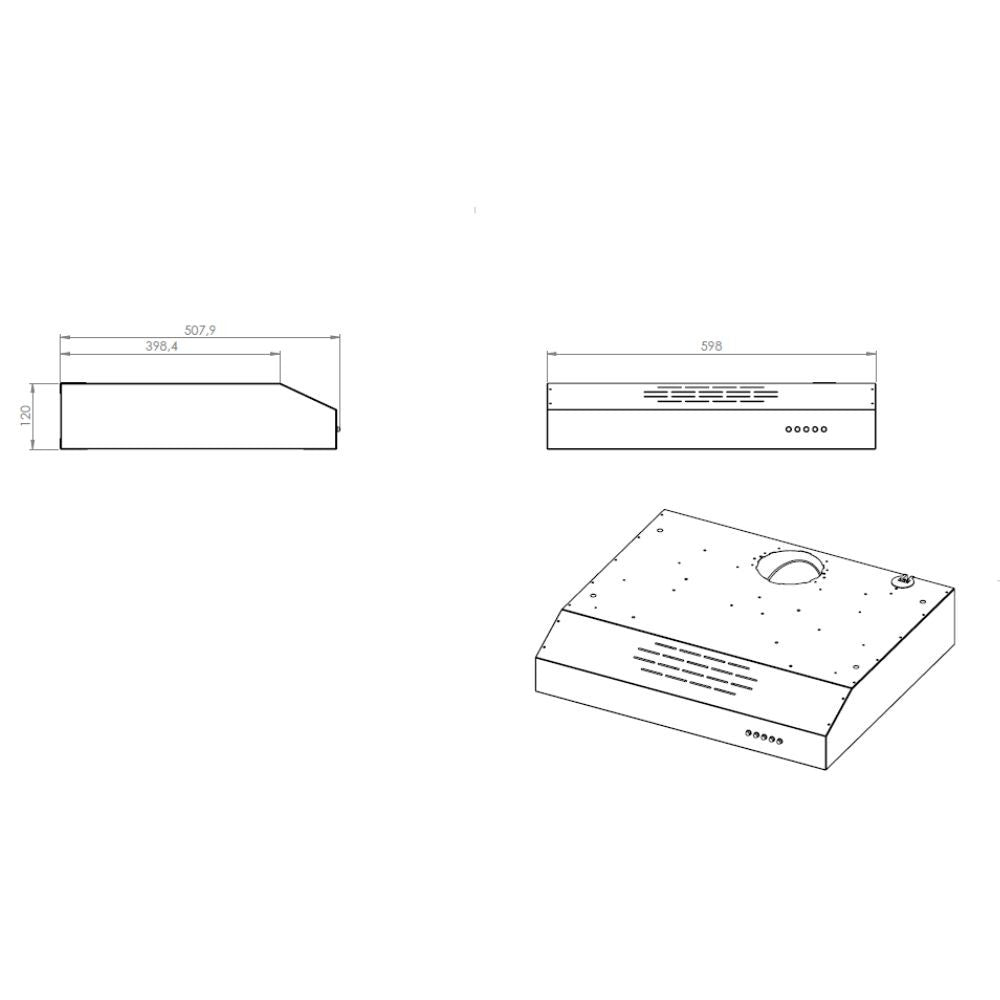 gruppo cappa samet sottopensile motore singolo 3 livelli tornado 60 inox classe d, vista laterale di gruppo strutturale o di fissaggio