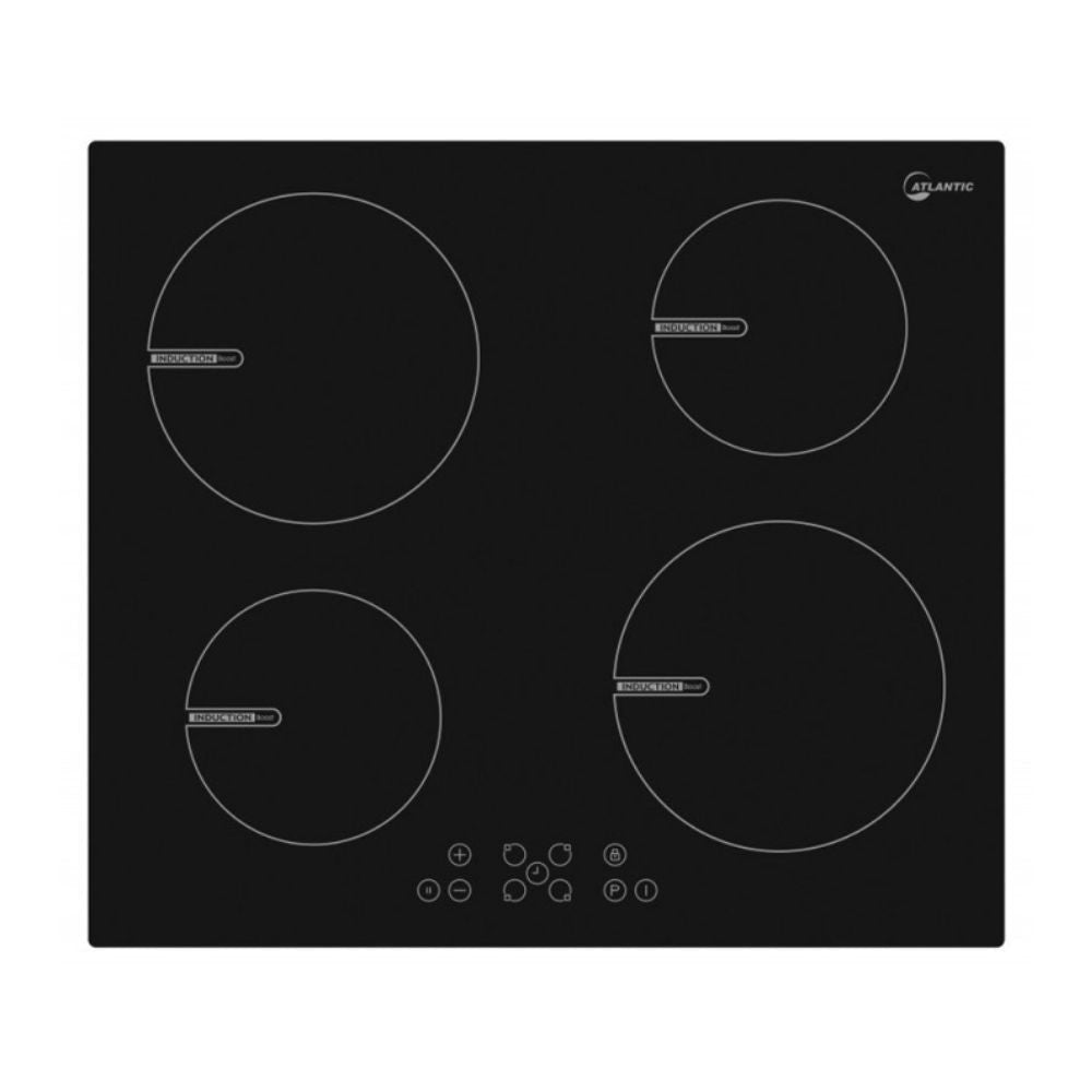 piano cottura atlantic ad induzione atvifct13p 4 zone colore nero, piano cottura a induzione visto frontalmente