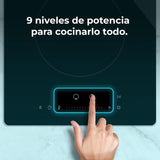 piano cottura ad induzione domino bolero squad i 2100 29 cm. 2 zone di cottura con 9 livelli di potenza, zoom sulla superficie in vetroceramica lucida