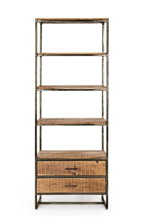 libreria elmer in legno di acacia e acciaio 73x35x190 cm, vista ambientata in soggiorno o studio con libreria a giorno