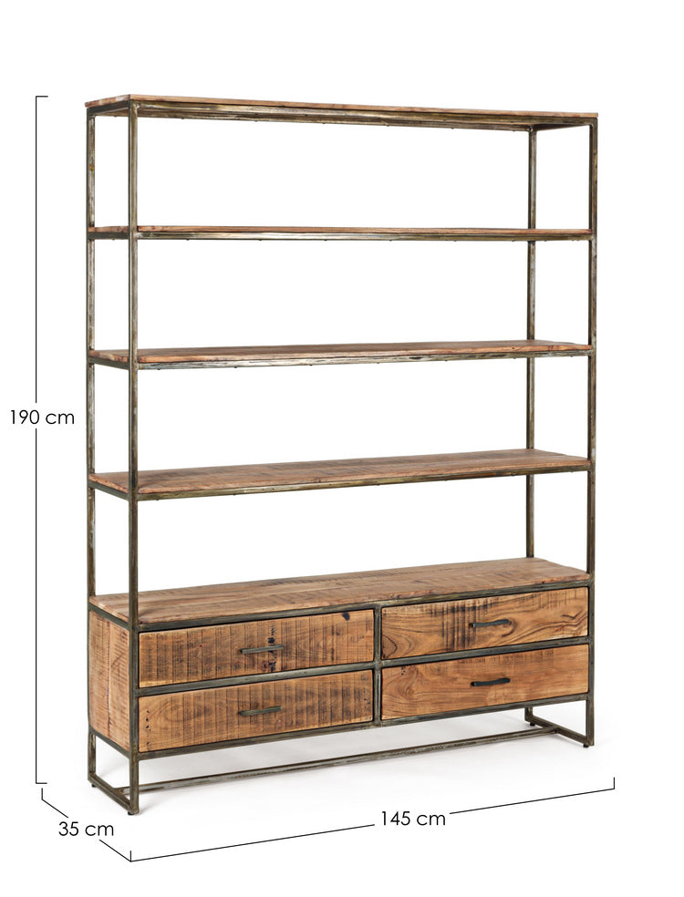 libreria elmer in legno di acacia e acciaio 145x35x190 cm, ideale per organizzare libri, piante e accessori d'arredo