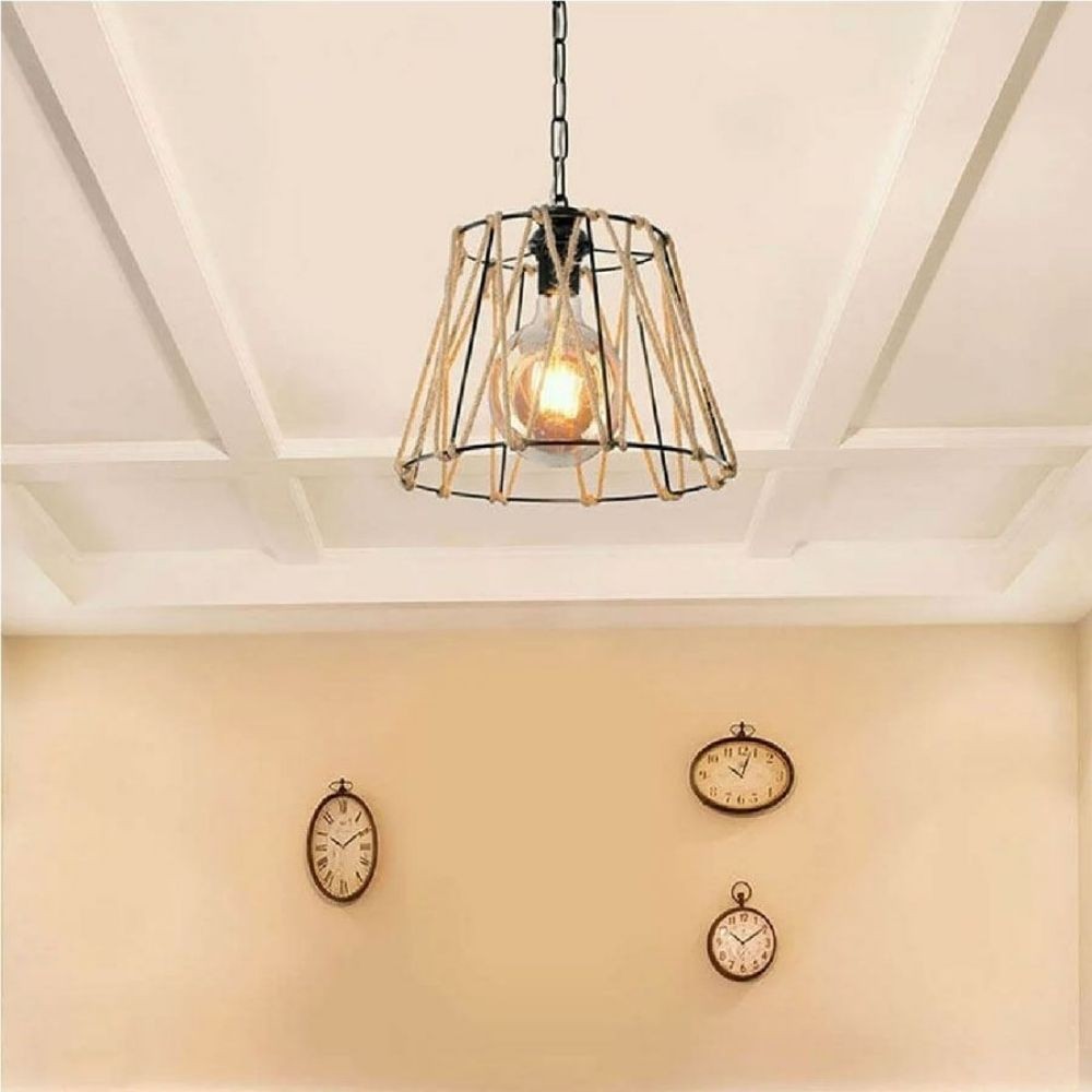 lampada a sospensione evren asz0881 metallo nero e corda, cavo regolabile per adattarsi a soffitti di diverse altezze