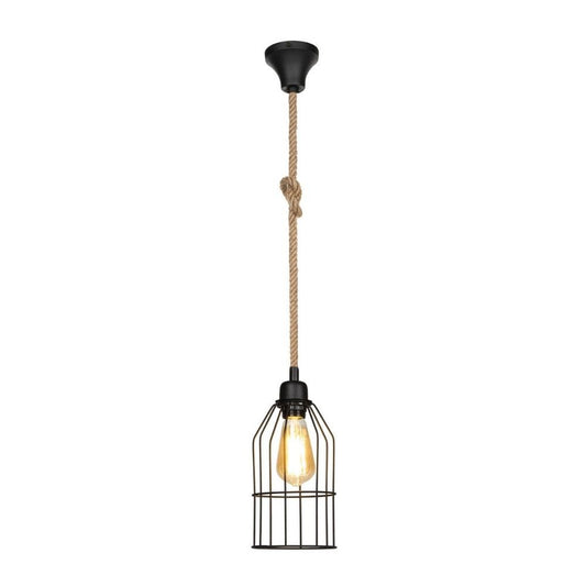 lampada a sospensione halat asz0549 in metallo nero e corda, vista dal basso del paralume in metallo, vetro o tessuto