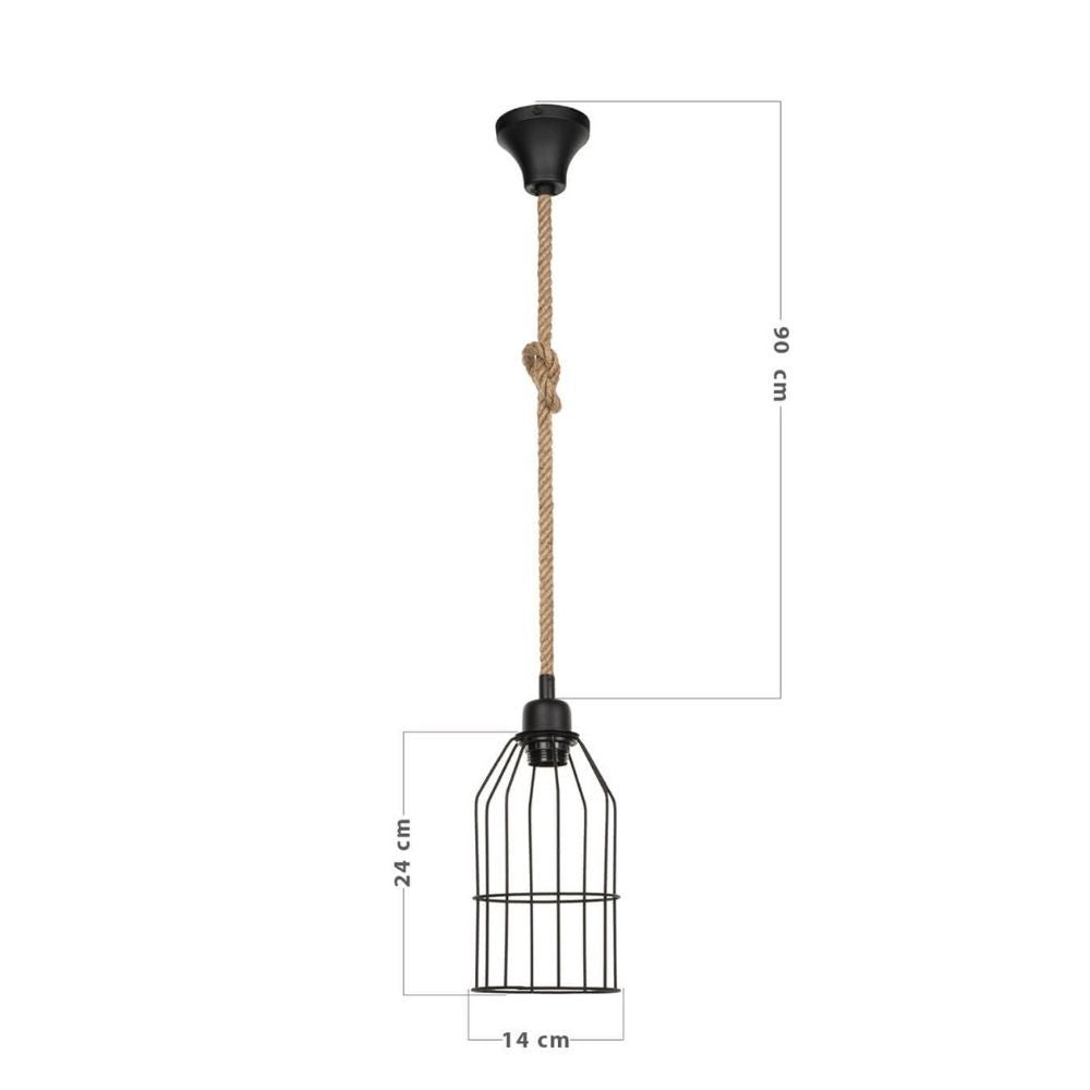 lampada a sospensione halat asz0549 in metallo nero e corda, ambientazione moderna con punto luce centrale sopra il tavolo