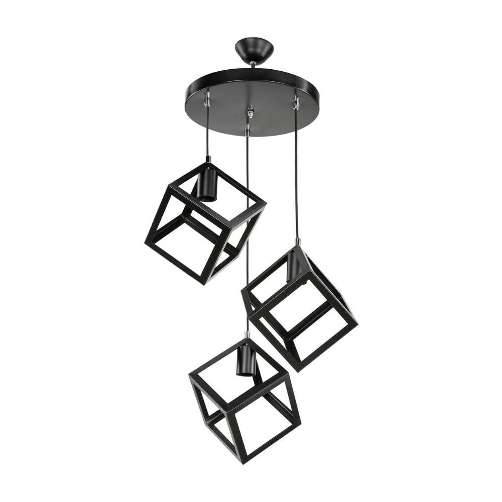 lampada a sospensione  agatha mdl3790 3 cubi nero, ambientazione moderna con punto luce centrale sopra il tavolo