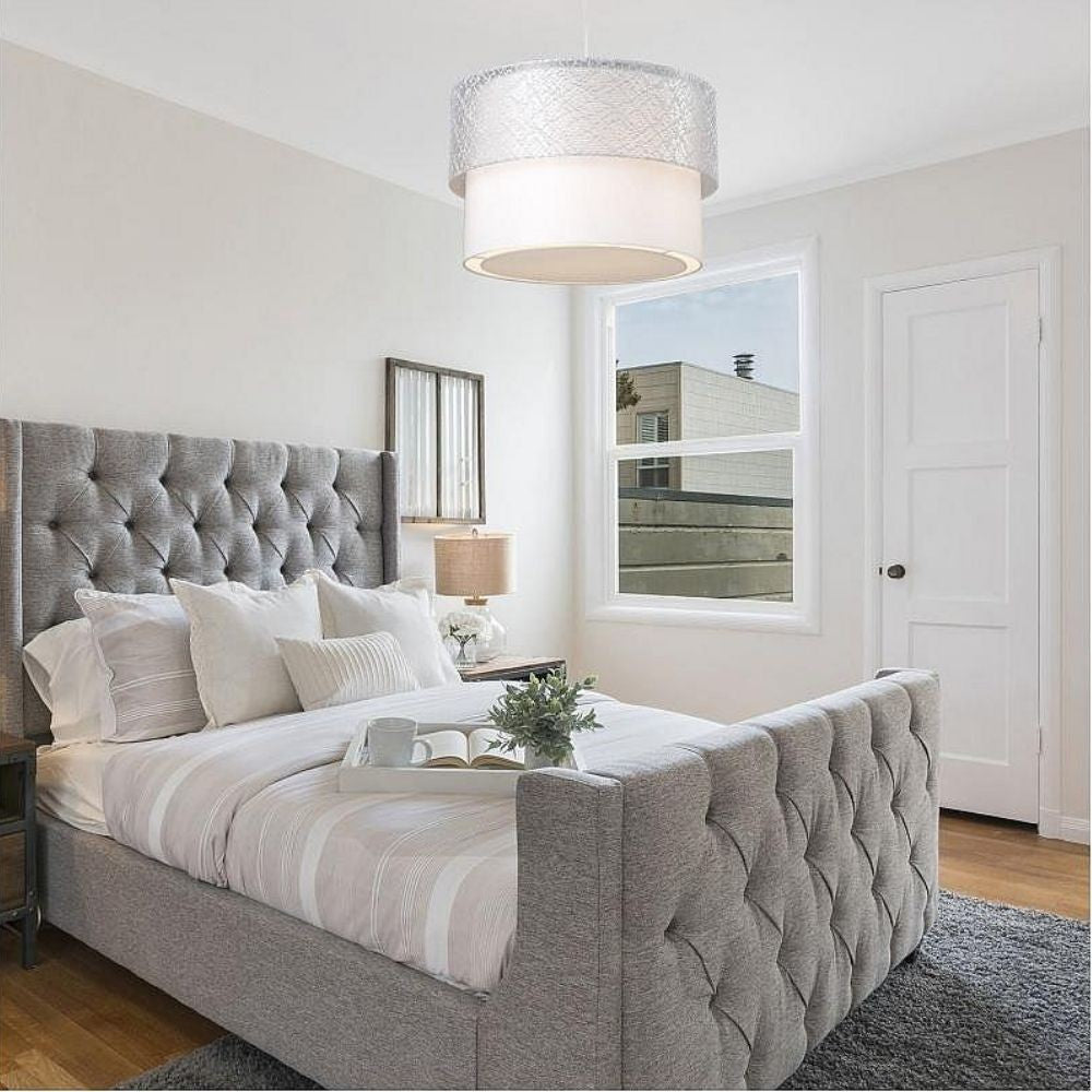 lampada a sospensione polo mdl2355 in tessuto grigio, cavo regolabile per adattarsi a soffitti di diverse altezze