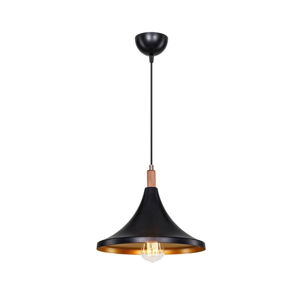 lampada a sospensione kano nero oro asz1564, vista dal basso del paralume in metallo, vetro o tessuto