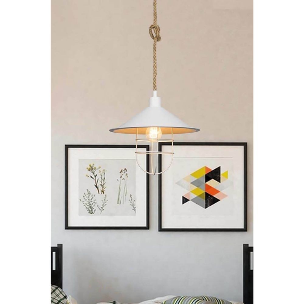 lampada da soffitto bulut asz0631 metallo bianco e corda iuta, ambientazione moderna con punto luce centrale sopra il tavolo