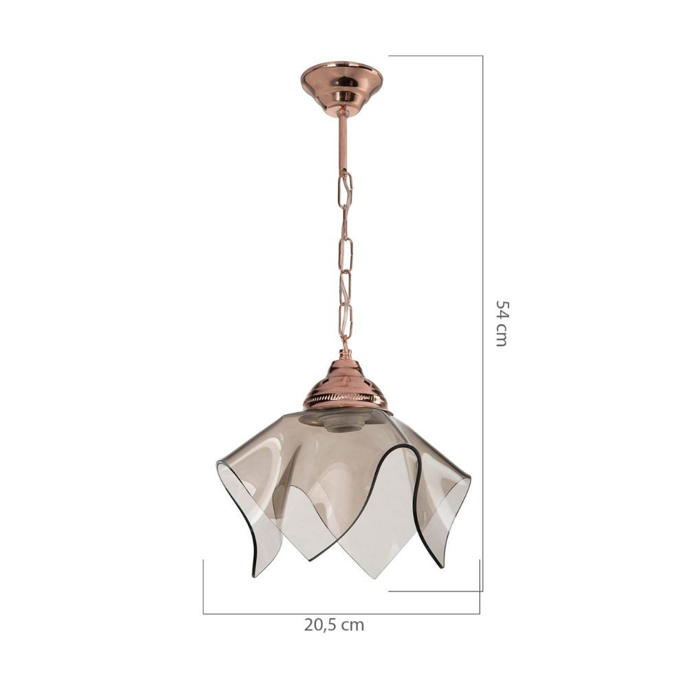 lampada a sospensione volga mdl3782 rame e vetro fumè, ambientazione moderna con punto luce centrale sopra il tavolo