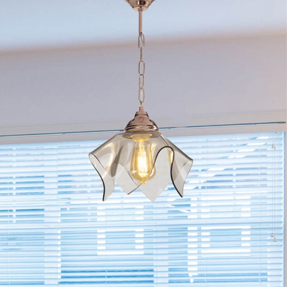 lampada a sospensione volga mdl3782 rame e vetro fumè, cavo regolabile per adattarsi a soffitti di diverse altezze