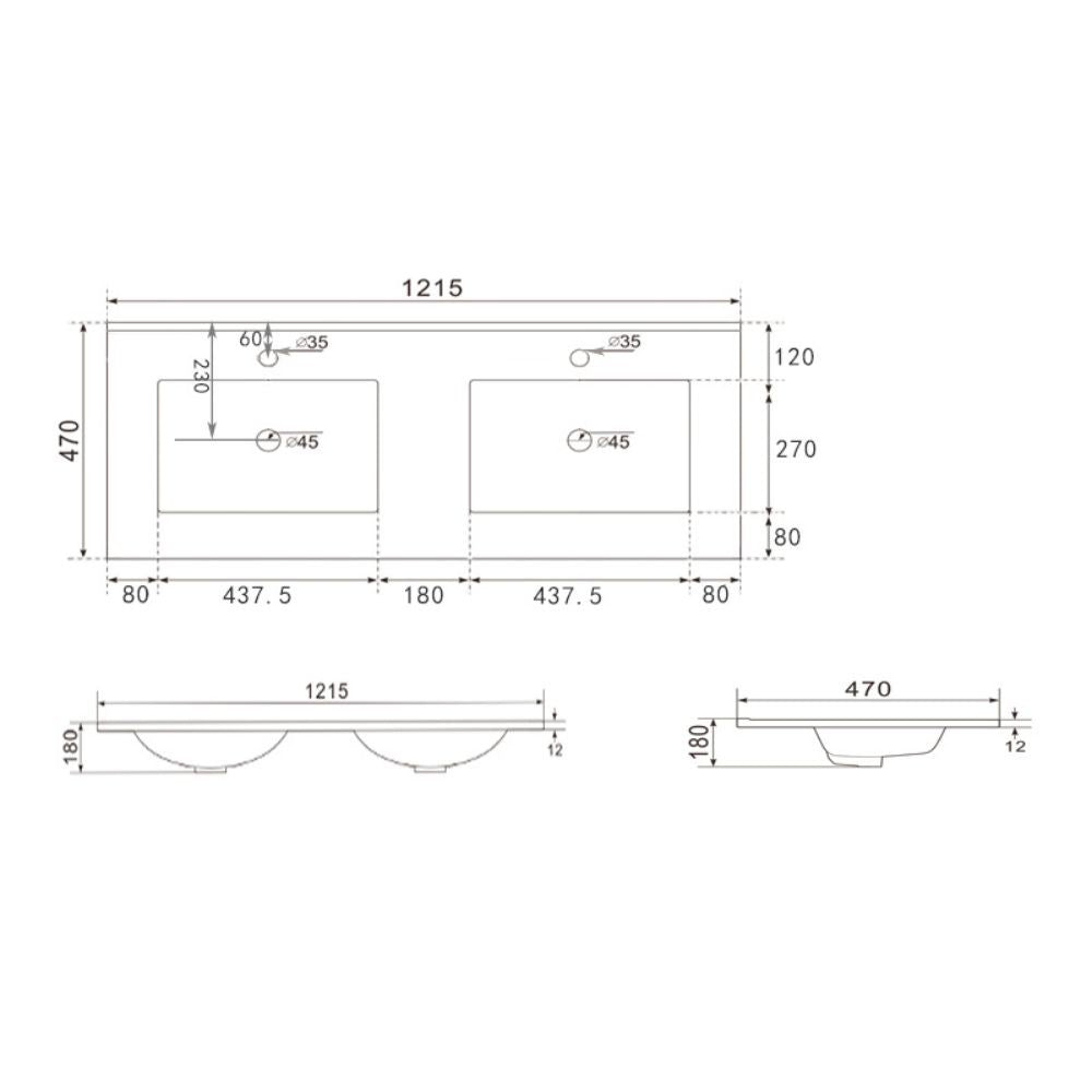 lavabo da appoggio 20331 in ceramica due vasche 121.5x47 cm colore bianco, dettaglio del lavabo in ceramica con finitura lucida