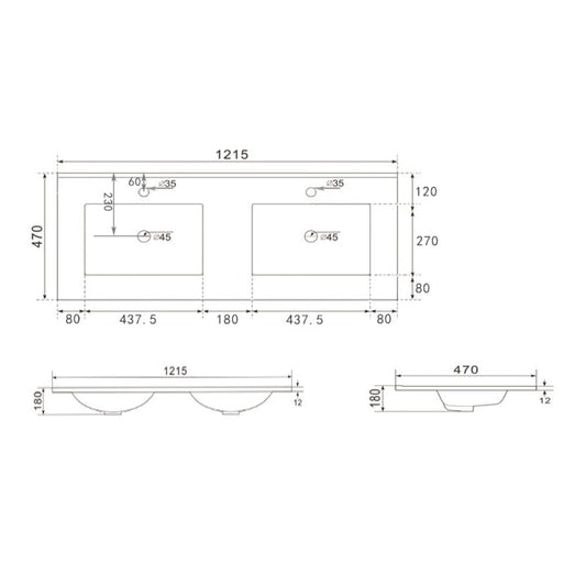 lavabo da appoggio 20331 in ceramica due vasche 121.5x47 cm colore bianco, dettaglio del lavabo in ceramica con finitura lucida