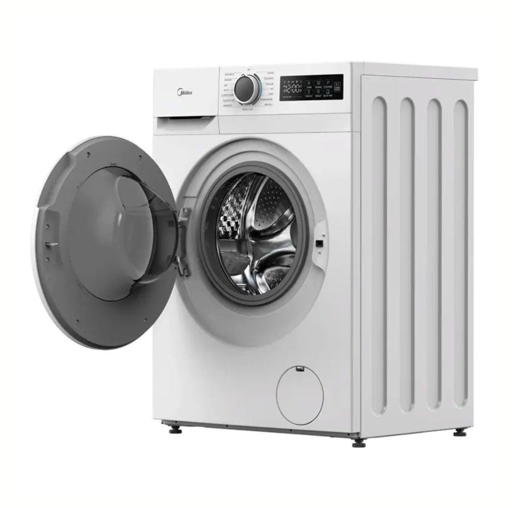 lavatrice carica frontale midea mf110w80ba10w 8 kg 1400 giri bianca classe a, vista ambientata in lavanderia o bagno