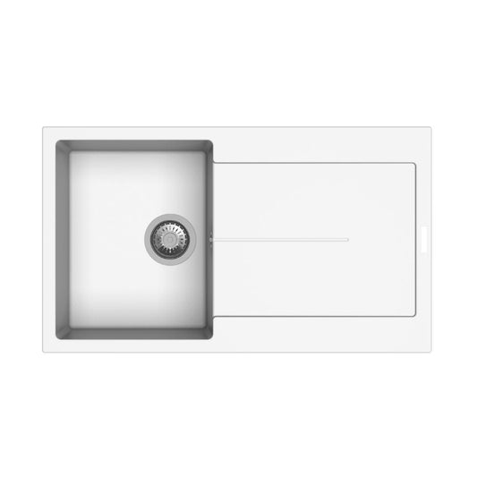 enigma d100 lavello vasca e gocciolatoio bianco, dettaglio della vasca singola in materiale resistente