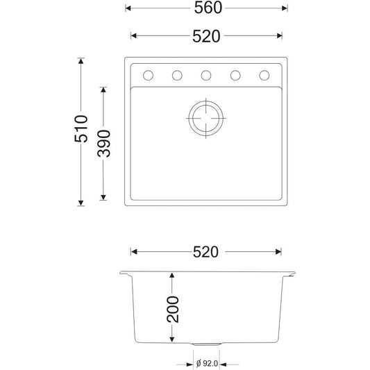 lavello waltz in fragranite 1 vasca 56x51 colore nero, dettaglio della vasca singola in materiale resistente