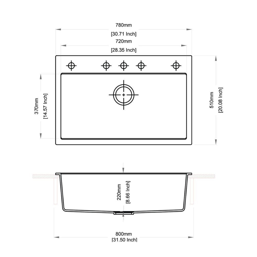 waltz 78x51 lavello una vasca nero, dettaglio della vasca singola in materiale resistente