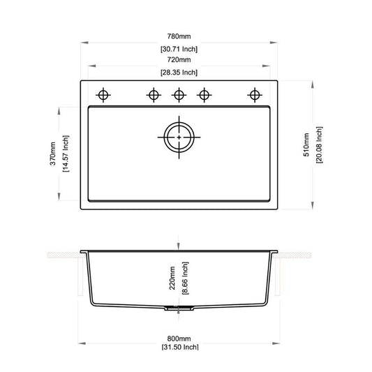 waltz 78x51 lavello una vasca nero, dettaglio della vasca singola in materiale resistente