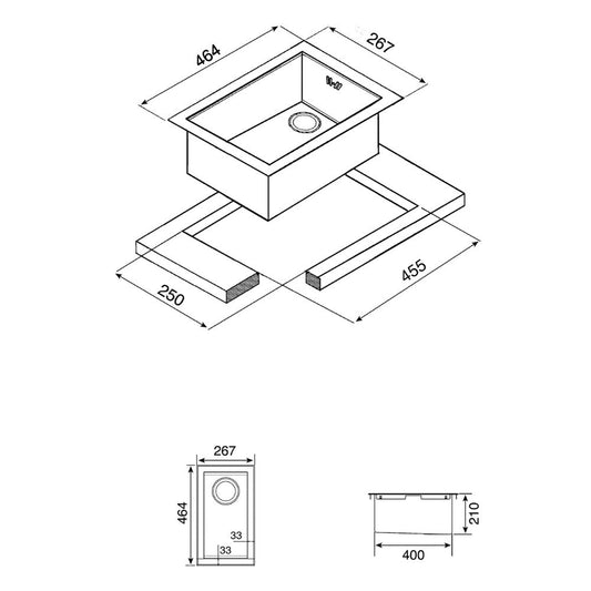 lavello smeg vq20 una vasca 26.7x46.4 cm filotop inox, dettaglio della superficie lucida in acciaio
