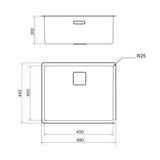 lavello sottotop vasca45 foro quadro inox, dettaglio della superficie lucida in acciaio