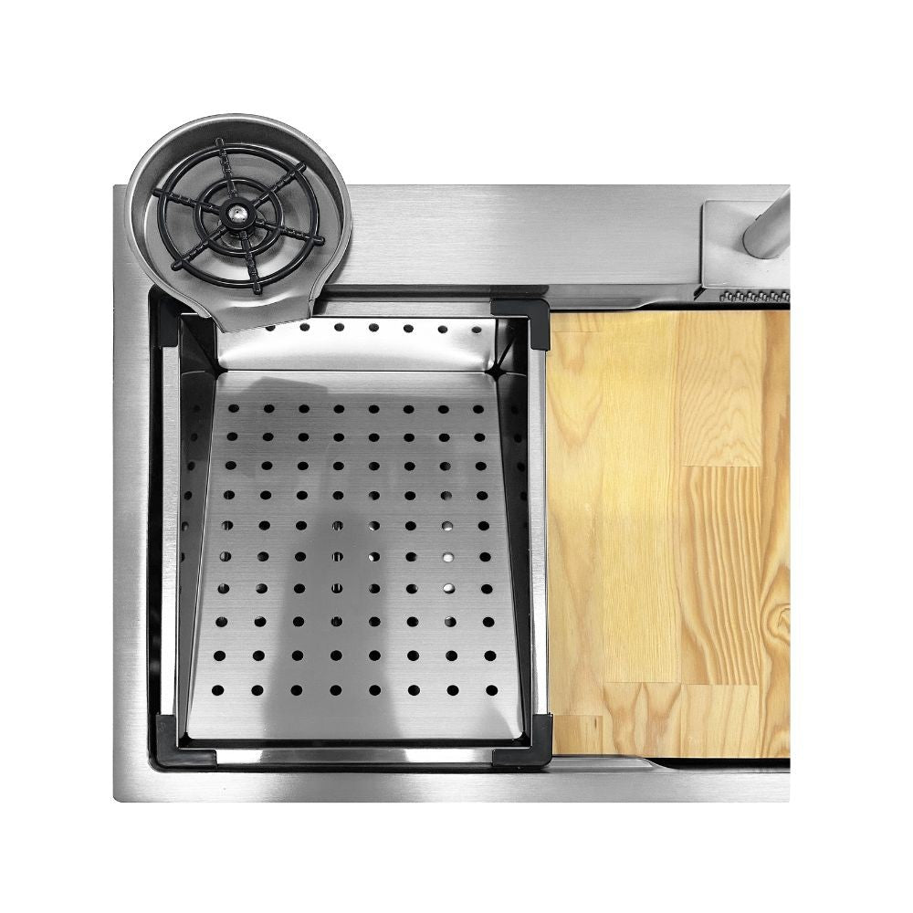 lavello incasso sa3541 una vasca 75x45 cm. completo di accessori colore inox, vista laterale con bordo incasso a filo o semifilo