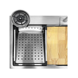 lavello incasso sa3541 una vasca 75x45 cm. completo di accessori colore inox, vista laterale con bordo incasso a filo o semifilo