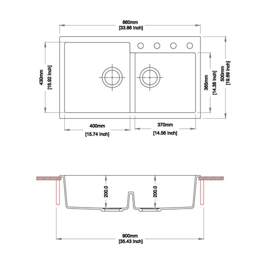 tip toe n200 lavello 2 vasche croma, dettaglio delle vasche profonde e separate