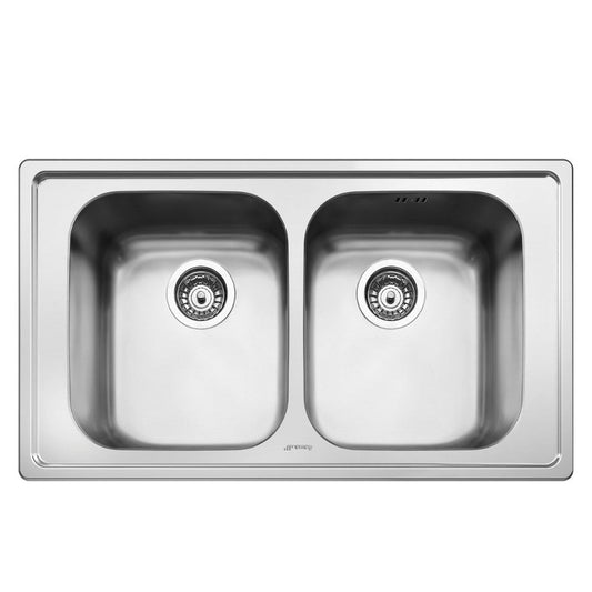 lavello smeg lp8622 inox 2 vasche 86x50 cm, lavello in acciaio inox a due vasche, vista frontale