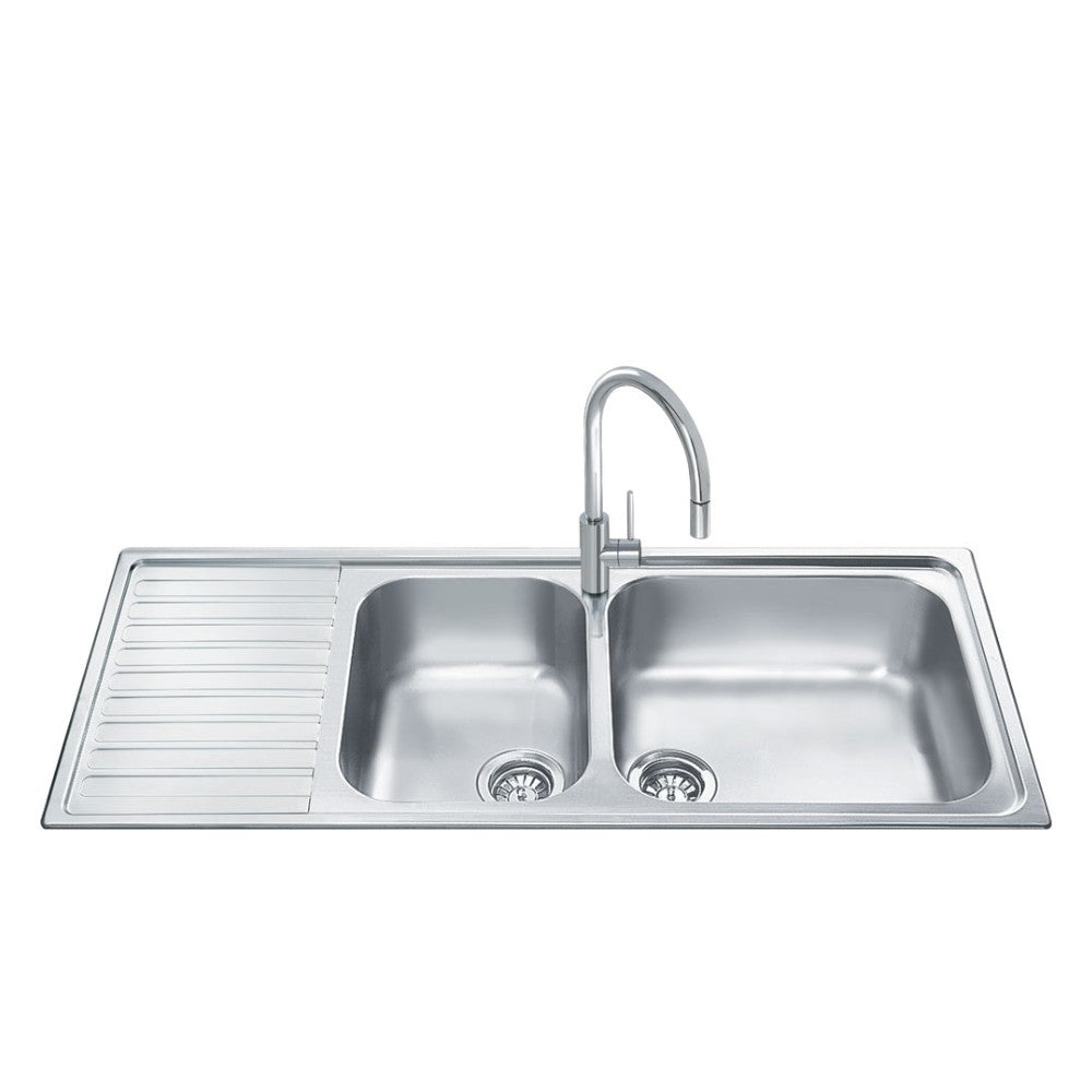 lavello smeg lgm116s inox 2 vasche con gocciolatoio sinistro microantigraffio 116x50 cm, lavello in acciaio inox a due vasche, vista frontale