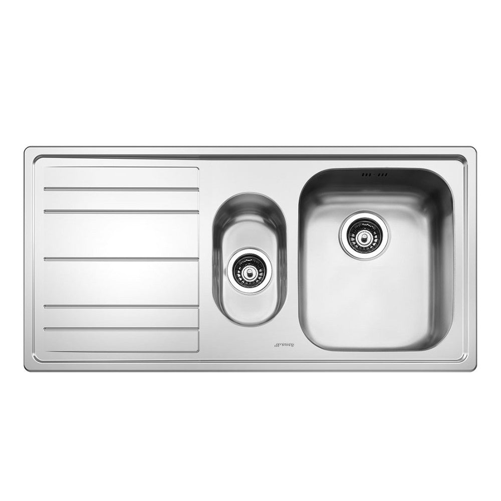 lavello smeg le102s2 inox 1 + 1/2 vasca con gocciolatoio sinistro 100x50 cm., lavello in acciaio inox a due vasche, vista frontale