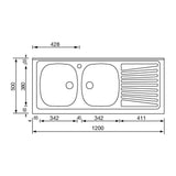 lavello appoggio mondial 120x50 con 2 vasche a sinistra e gocciolatoio destro con alzatina inox, dettaglio della superficie lucida e vasche affiancate