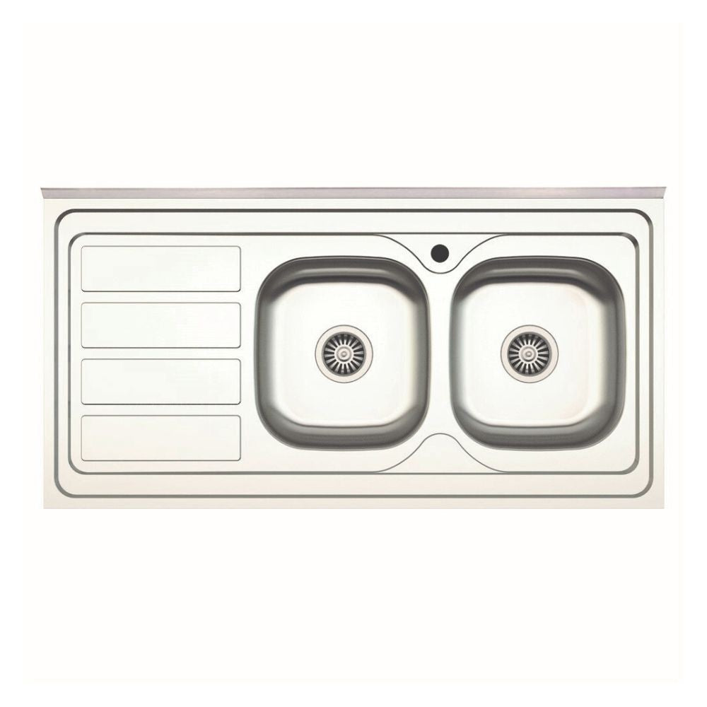 lavello da appoggio sa46 due vasche con gocciolatoio sinistro 120x60cm. inox, lavello in acciaio inox a due vasche, vista frontale