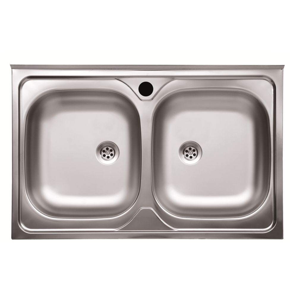 lavello appoggio 80x50 50 series 2 vasche n214, lavello in acciaio inox a due vasche, vista frontale