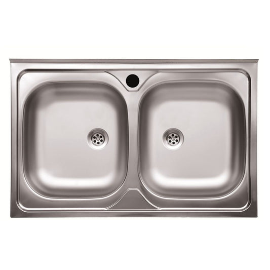 lavello appoggio 80x50 50 series 2 vasche n214, lavello in acciaio inox a due vasche, vista frontale