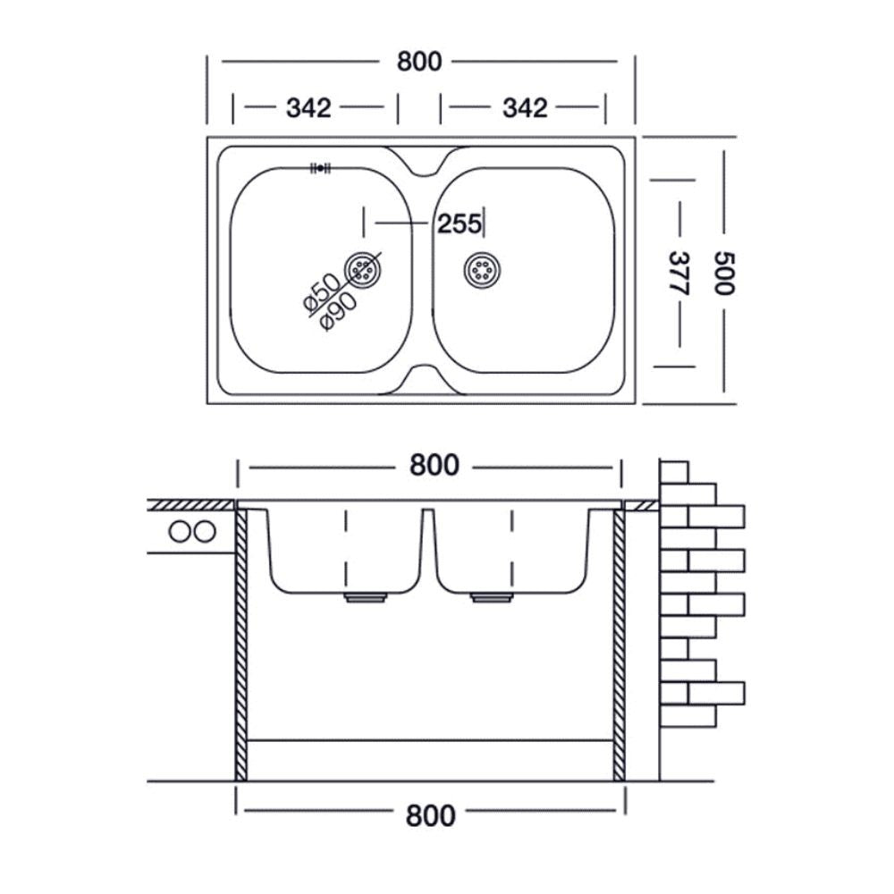 lavello appoggio 80x50 50 series 2 vasche n214, dettaglio della superficie lucida e vasche affiancate