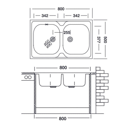 lavello appoggio 80x50 50 series 2 vasche n214, dettaglio della superficie lucida e vasche affiancate