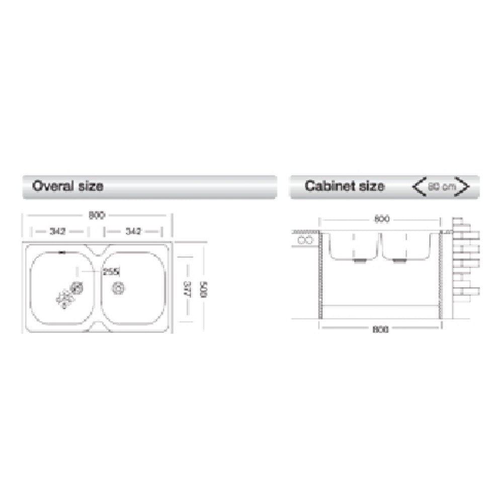 lavello appoggio 80x50 50 series 2 vasche n214, vista laterale del lavello inox installato