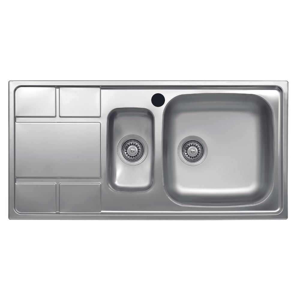 lavello saxt332 100x50 cm 2 vasche sinistro, lavello in acciaio inox a due vasche, vista frontale