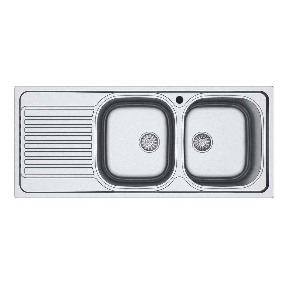 lavello 116x50 sa138 2 vasche e gocciolatoio sinistro, lavello in acciaio inox a due vasche, vista frontale