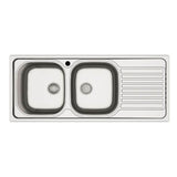 lavello incasso cucina mp1162dx acciaio116x50 cm due vasche e gocciolatoio destro, lavello in acciaio inox a due vasche, vista frontale