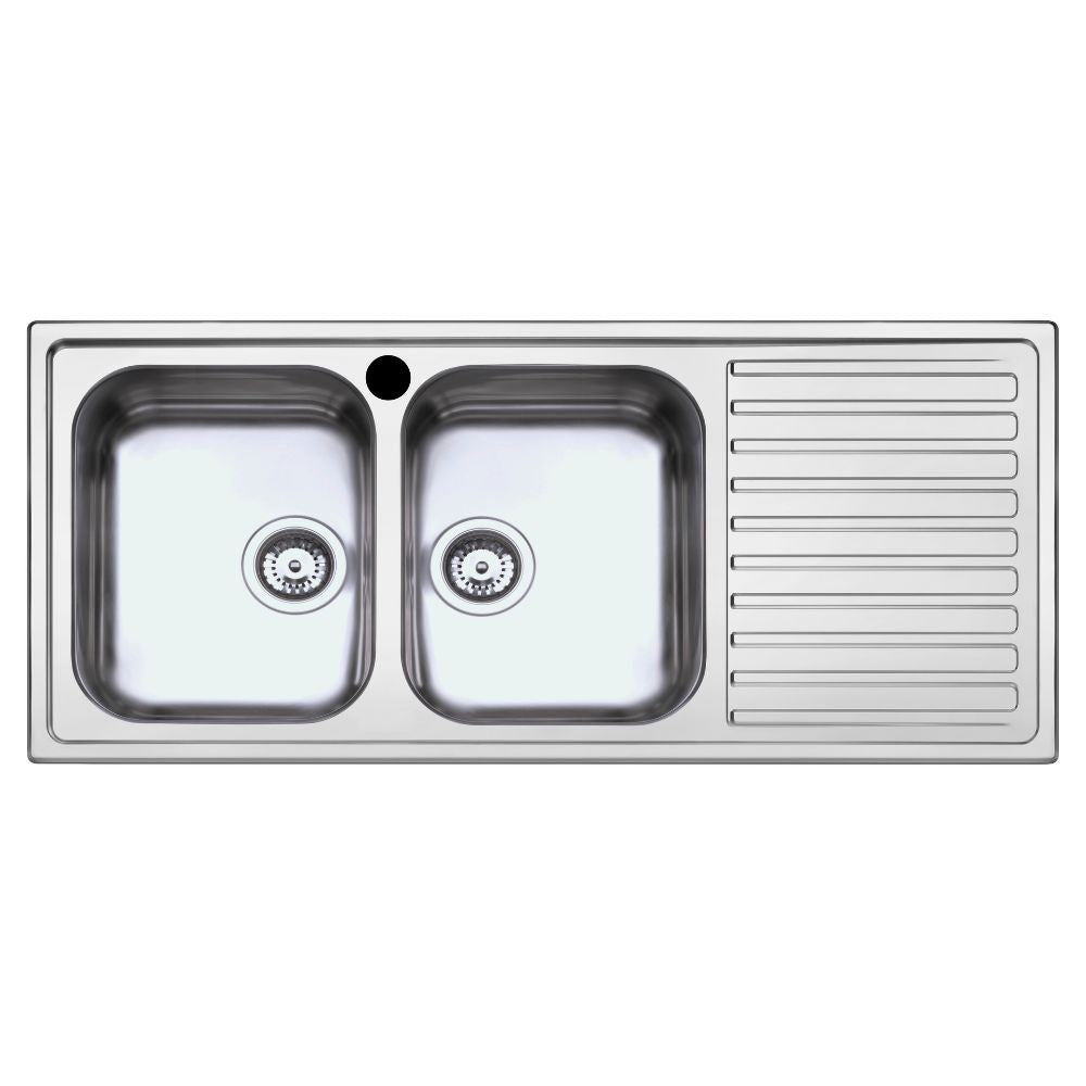 lavello saxt333a 2 vasche 116x50 cm gocciolatoio destro, lavello in acciaio inox a due vasche, vista frontale