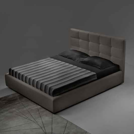 letto matrimoniale contenitore napoli tessuto tortora, ambientazione d’arredo con il prodotto protagonista