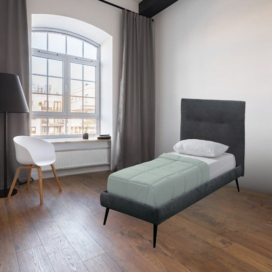 letto singolo stiletto con rete fissa in tessuto ash grigio, letto singolo imbottito con testiera soffice e rivestimento in tessuto