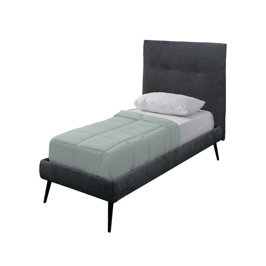 letto singolo stiletto con rete fissa in tessuto ash grigio, dettaglio delle cuciture e del tessuto soft-touch o effetto lino